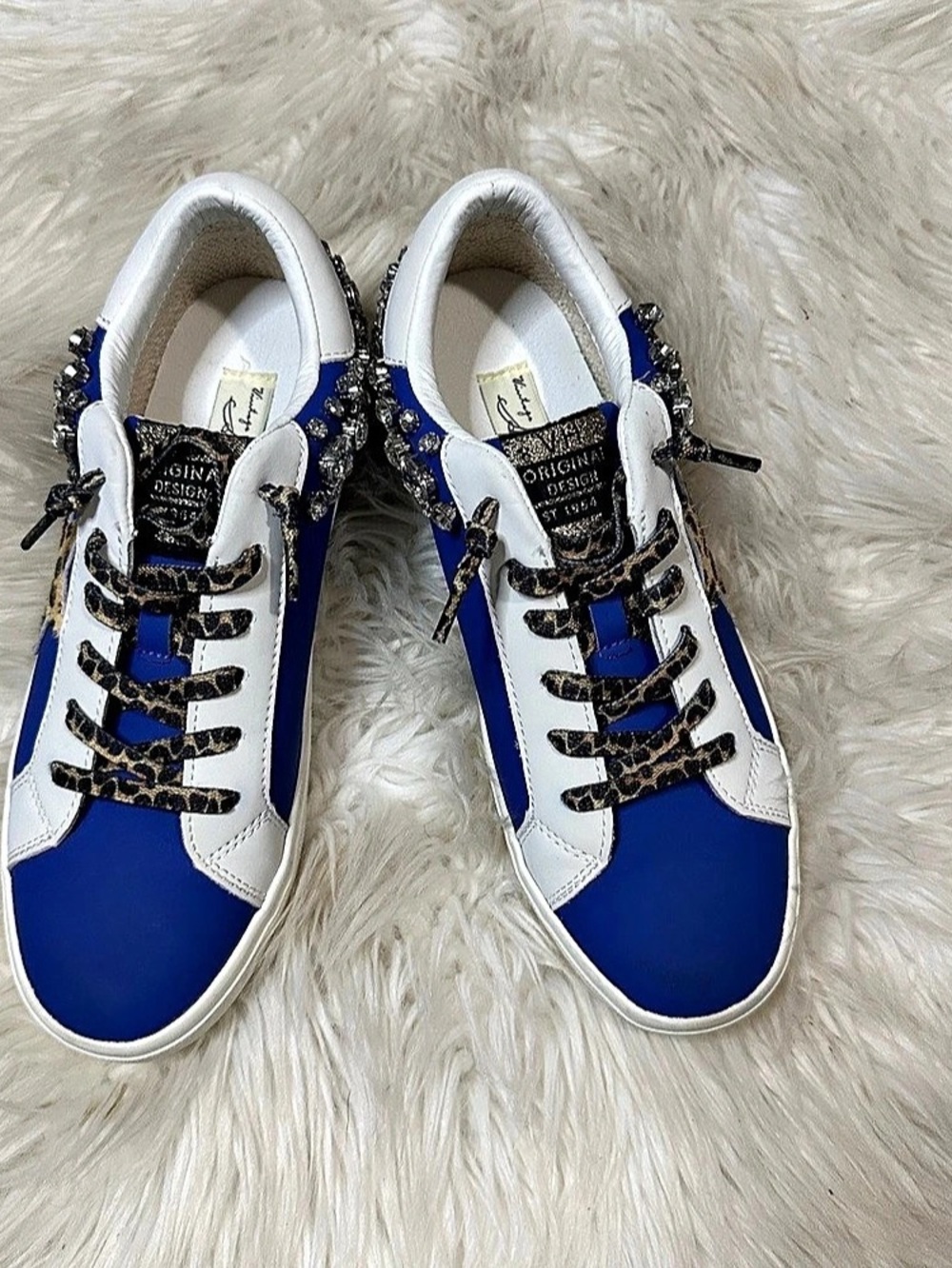 Vintage Havana Embellished Animal Print Sneakers in Blue & White Like New